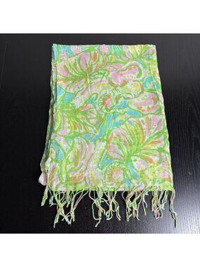 LILLY PULITZER Murfee Scarf Silk/Cashmere Floral Print Green Blue Pink Orange